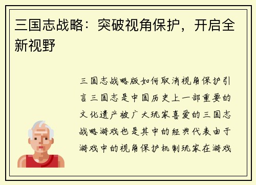 三国志战略：突破视角保护，开启全新视野
