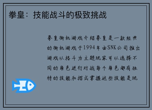 拳皇：技能战斗的极致挑战